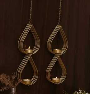 Hanging Gold Metal Tear Drop Candle Holder <b>Set</b> Luxury Tiered Iron Wire Tealight <b>Lantern</b> for Wall Balcony Skies Trader NEW - Product Image 1