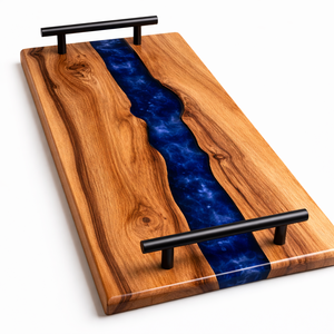 Plateau en bois de qualité supérieure avec incrustation en résine verte et blanche et poignées métalliques, plateau de service en bois d'acacia très vendu, nouvelle arrivée - Product Image 5