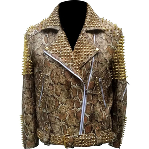 Men's PU Leather Snake Print Motorcycle <b>Jacket</b> With Gold Rivets And Spikes <b>Punk</b> Style Turn-down Collar Zipper Closure Rhinestone - Product Image 1