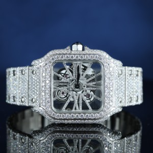 Montre mécanique vintage pour homme en acier inoxydable argenté, entièrement sertie de diamants Moissanite, cadran squelette glacé, édition limitée, style Hip Hop - Product Image 1