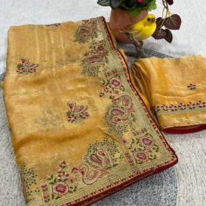 Sari en satin de soie élégant pour les occasions spéciales – Broderie motif cygne avec bordure riche et chemisier - Product Image 1