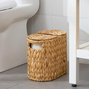 Corbeille à papier toilette ronde en jacinthe d'eau, écologique, tressée, panier de rangement pour salle de bain avec couvercle relevable, naturel, pour la maison, l'hôtel, vente en gros - Product Image 4