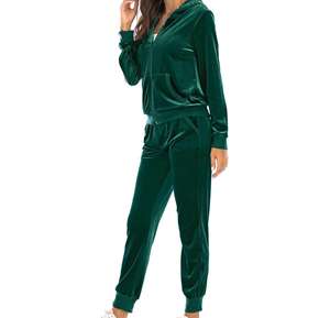 Ensemble de survêtement en velours personnalisé pour femme : sweat à capuche zippé et pantalon de jogging en velours - Product Image 1