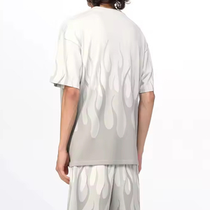 Men's White <b>Flame</b> Print T-<b>Shirt</b> And Shorts Set Crew Neck Knitted Cotton Casual Summer Wear - Product Image 3