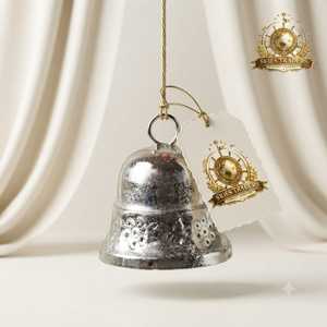 Clochette en métal blanc à suspendre pour sapin de Noël avec nœud écossais rouge et découpe étoile – Article festif pour les fêtes - Product Image 4