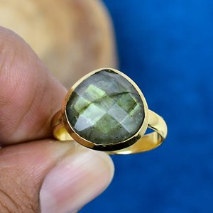 Natural <b>Labradorite</b> Heart Shape Gemstone <b>Ring</b> 18k Gold Micron Over 925 Sterling Silver - Product Image 1