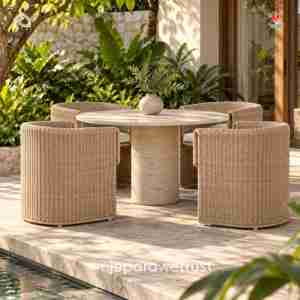 Fauteuil de salle à manger d'extérieur de luxe en osier, chaise de jardin moderne en rotin courbé avec coussin pour mobilier de patio, villa, hôtel, complexe hôtelier - Product Image 2