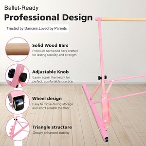 Barra da Balletto in Legno Massello Rosa da 3,5 Piedi, Altezza Regolabile 31,5-39,5 Pollici per Pratica di Danza - Product Image 2