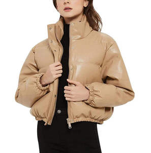 Unisex Beige PU Puffer <b>Jacket</b> Stand Collar Zipper Closure Thick Windproof Winter Coat Casual Short Length Solid Color - Product Image 1