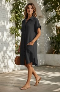 Ladies Black Button Down Shirt <b>Dress</b> Casual Loose Fit Short Sleeve <b>Summer</b> <b>Dress</b> <b>with</b> <b>Pockets</b> Relaxed Everyday Resort Wear - Product Image 4