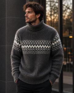 Pull à col roulé en laine épaisse pour homme, motif géométrique, tricoté, décontracté, hiver, manches longues, coupe classique - Product Image 3