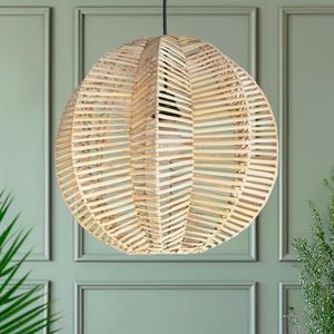 <b>Round</b>-Shaped Rattan Pendant <b>Light</b> Fixture Handwoven in Indonesia Adjustable Height <b>LED</b> Lighting Solution - Product Image 2