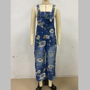 Salopette en jean à imprimé floral pour femme, coupe ample, taille haute, jambe large, avec poches, style bohème, longueur mi-mollet - Product Image 3