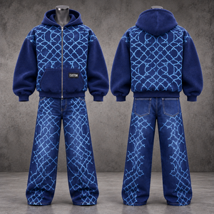 Conjunto de Sudadera con Capucha Oversize Unisex de Felpa Francesa Azul Sólido con Cremallera y Jeans de Mezclilla Casual Estilo Urbano con Bolsillo Delantero Transpirable - Product Image 4