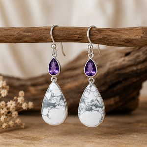 Wholesale Certified 925 Sterling <b>Silver</b> Natural Amethyst White Howlite Gemstone Bohemian Style Handcrafted <b>Dangle</b> <b>Earrings</b> - Product Image 3