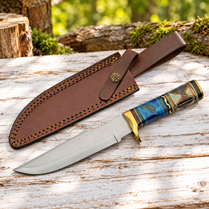 Couteau Bowie à lame droite de 12 pouces, fait main, avec lame en acier inoxydable, manche en os fossile bleu, fourreau en cuir et bolster en laiton - Product Image 1