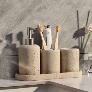 Ensemble d'accessoires de salle de bain en marbre naturel : distributeur de savon, porte-brosse à dents, gobelets, distributeur de savon moussant pour hôtel - Product Image 1