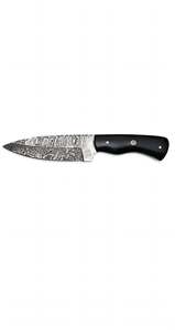 Cuchillo utilitario artesanal de acero de Damasco para exteriores, mango de cuerno negro, hoja fija, herramienta de artesanía - Product Image 1