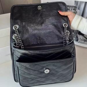 Sac messager vintage en cuir ciré matelassé à motif losanges, avec rabat, bandoulière chaîne, fermeture éclair, sac à bandoulière, doublure polyester - Product Image 5