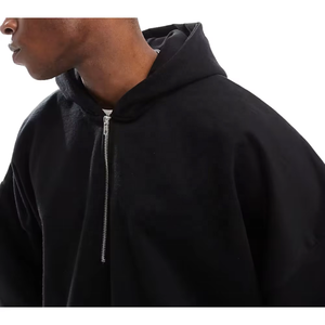 Sweat à capuche zippé pour homme, coupe courte, surdimensionné, épais, personnalisé, 100% coton noir, effet vieilli, avec demi-fermeture éclair - Product Image 3