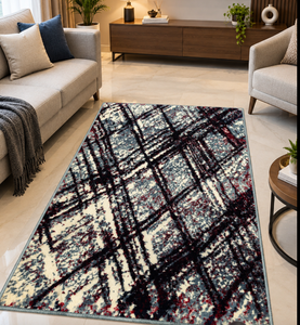 Tapis rectangulaire moderne à poils moyens, motif géométrique abstrait, en polyester FDY, lavable et résistant aux taches - Product Image 1