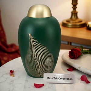 Custom Brass Cremation Urn Leaf Engraved Green Funeral <b>Jars</b> for Human Ashes Handmade Adult Style Memorial Burial Container Urns - Product Image 1