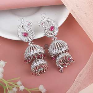 Lucy CZ Designer Jhumkas-14K Gold Plated Ethnic Drop Earrings with Pearl - Product Image 1