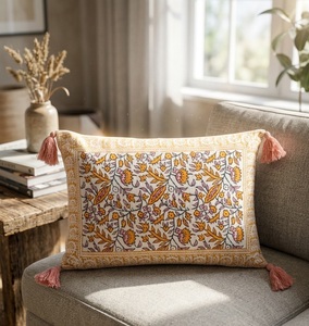 Handcrafted Block <b>Print</b> Floral Lumbar <b>Cushion</b> Cover in Mustard Yellow, Pink, and Off-White with Tassels, OEM Service16X24 - Product Image 2