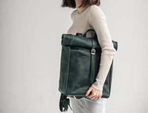 Leather Roll Top Backpack Mens Retro Travel Daypack Genuine Cowhide Laptop Bag with <b>Padded</b> Shoulder Strap LTBP-0015 - Product Image 6