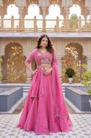 Conjunto de Lehenga Choli Rosa Bordado, Vestido Étnico para Mujer con Dupatta para Bodas y Fiestas