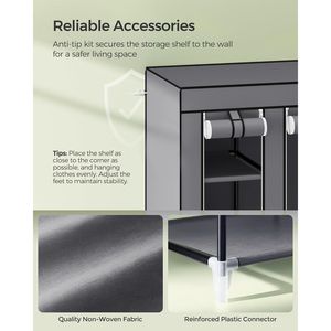 Armadio Portatile Organizzatore per Camera da Letto con 12 Scomparti, Copertura in Tessuto Non Tessuto, Asta Appendiabiti, 59 x 17,7 x 69 Pollici, per la Conservazione dei Vestiti - Product Image 5