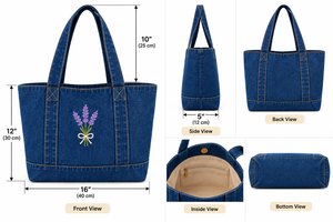 Bolso Tote de Mezclilla con Bordado de Lavanda, Forro de Lona, Abertura Superior, para Playa, Viajes y Compras Diarias - Product Image 2