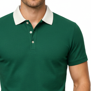 Polo verde personalizado de alta demanda para hombre, con cuello blanco en contraste, corte ajustado, manga corta, informal, de dos tonos. - Product Image 3