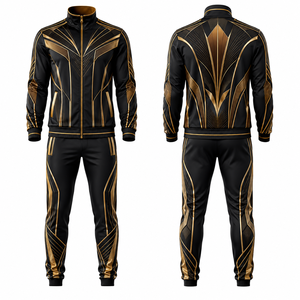 Ensemble de survêtement sportif pour homme, noir et or, à motif géométrique, fermeture éclair intégrale, séchage rapide, en polyester, pour l'automne, avec poches latérales - Product Image 1
