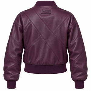 Blouson Bomber en Cuir Viné Profond pour Femme, Coupe Oversize, avec Coutures Géométriques, Manteau en Peau de Mouton Violet Prune, Vêtements Personnalisés, Vente en Gros B2B, Usine de Confection - Product Image 2