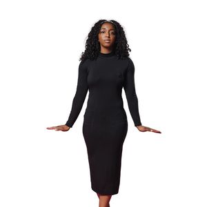 Robe moulante noire pour femme, manches longues, col montant, coupe ajustée, décontractée et élégante, extensible, confortable, tenue de soirée tendance - Product Image 2