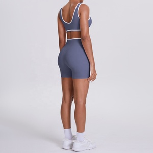 Scoop Neck Racerback <b>Crop</b> <b>Top</b> High Waist Shorts 2 Piece Set Seamless Breathable Yoga Wear Solid Color Contrast Binding - Product Image 5