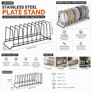 High Modern 9-Section Stainless Steel Plate Stand for Kitchen Cabinet Countertop | <b>Dish</b> Organizer <b>Rack</b> | Durable Portable - Product Image 6