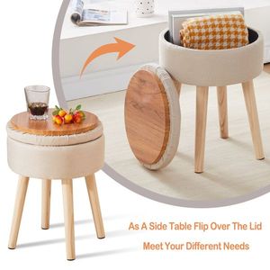 Poggiapiedi Imbottito Multifunzionale Moderno con Gambe in Legno, Sgabello da Toeletta in Lino con Vassoio e Vano Portaoggetti per Hotel, Materiale MDF - Product Image 3
