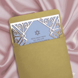 Invitation de Bar Mitzvah Art Déco en Acrylique Doré Multicolore 7x5 Pouces, Imprimée en Sérigraphie, Découpée au Laser, Cadre en Rouleau, Carte de Luxe - Product Image 2