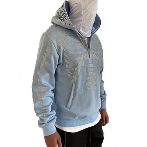 Sweat-shirt à capuche bleu clair pour homme, fermeture éclair quart de tour, imprimé squelette en strass, coupe classique, streetwear, tenue décontractée d'automne - Product Image 3