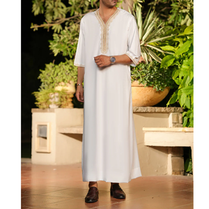 <b>Men's</b> Navy Blue <b>Thobe</b> Long Sleeve Stand Collar Modest Prayer Wear Cotton Floor Length All Seasons Middle East Style - Product Image 5