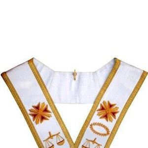 Custom Embroidered Masonic <b>Collar</b> V-Shaped White with Gold Trim Star Scales Emblem Sew-On Badge Garment Application - Product Image 2