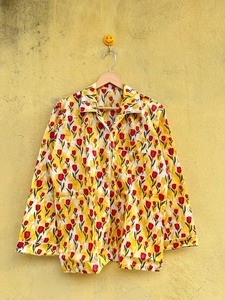 Ensemble de pyjama classique jaune pour femme, 100 % coton, imprimé floral, manches trois quarts, taille élastique, longueur genou, vêtements de nuit - Product Image 2