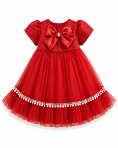 Girls <b>Red</b> Tulle Party Dress With <b>Bow</b> Applique A-Line Knee-Length Cap Sleeve Solid Color Winter Dress - Product Image 4