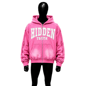 Sudadera con capucha rosa con cremallera CASUAL HIDDEN TRUTH para hombre, corte holgado, forro polar oversize, ropa casual de otoño, moda urbana oversize - Product Image 1