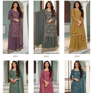 Proveedor de Ropa Étnica India de la mejor calidad Diseñador de moda Heavy Premium Silk Georgette Sequence Work Palazzo Suit - Product Image 1