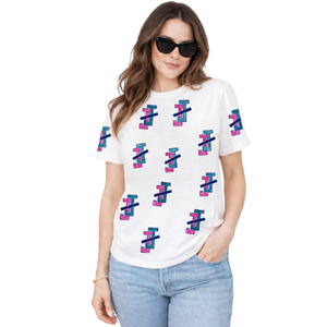 T-shirt blanc à manches courtes pour femme avec sequins colorés, col rond, coupe décontractée, longueur normale, 100 % coton respirant - Product Image 1