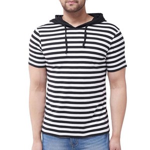 T-shirt à capuche à manches courtes rayé noir et blanc pour hommes, haut décontracté d'été avec cordon de serrage - Product Image 1
