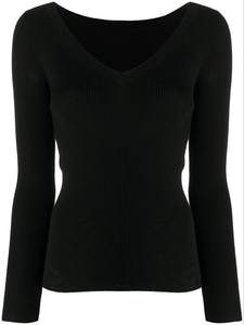 T-shirt en polyester tricoté uni à manches longues et col en V pour femme noire, coupe classique, décontracté, respirant, écologique, pour l'hiver - Product Image 3